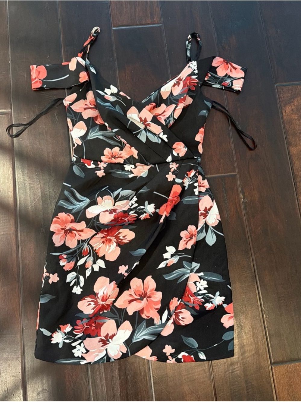 Floral Off-Shoulder Mini Dress - Black with Coral Floral
